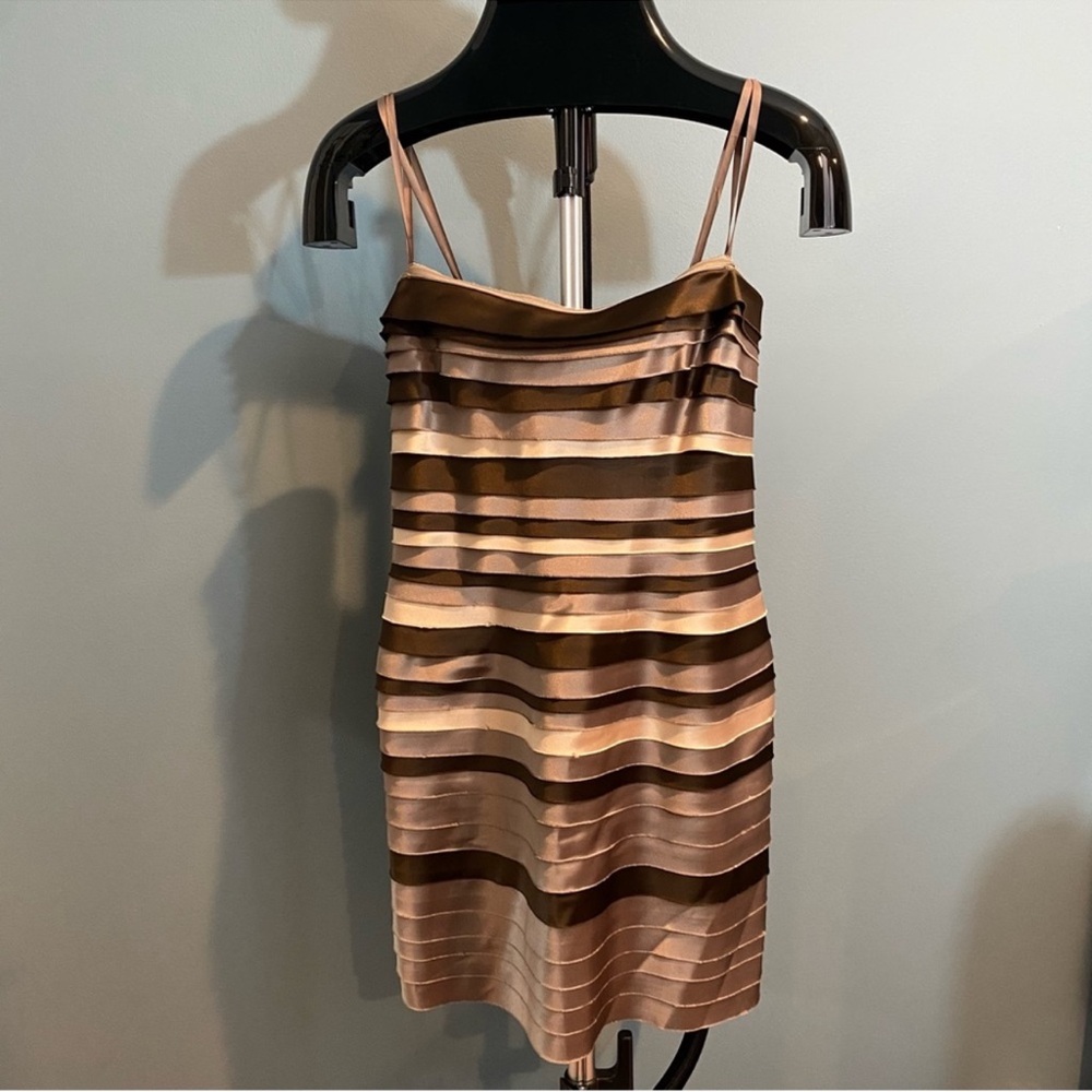 Strapless BCBMaxazria Petites Browns/Tan/Nude Satin Fringe Mini Cocktail Dress
